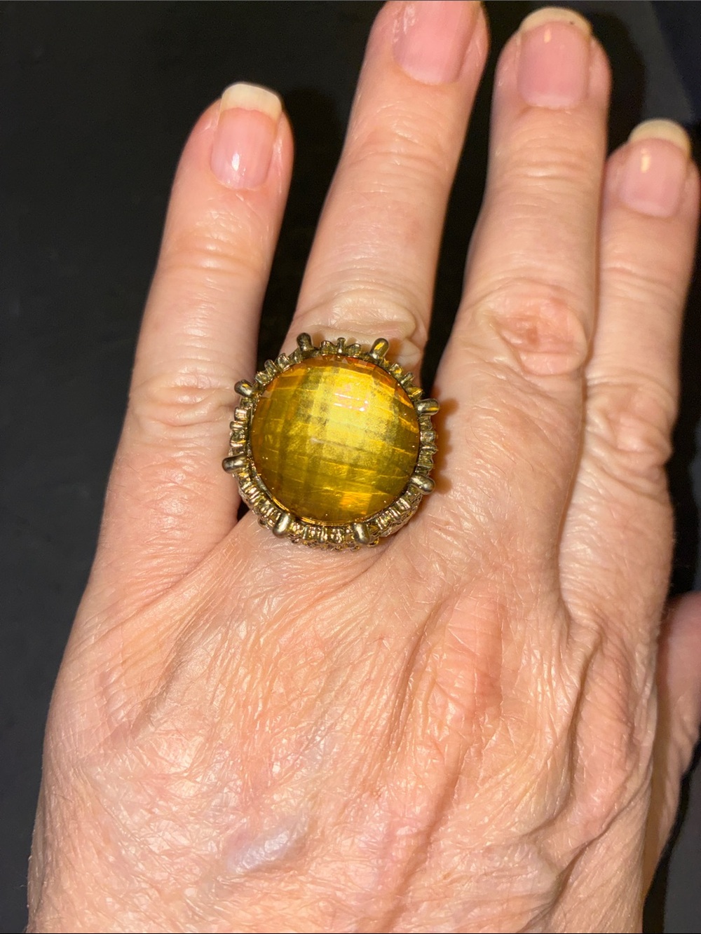 Yellow Cabochon Gold-Tone Statement Stretch Ring for Women